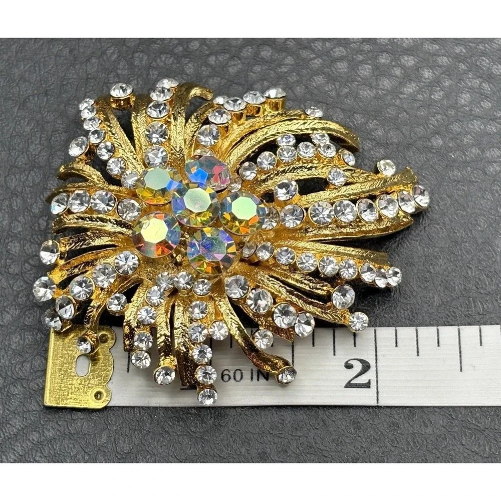 HUGE Aurora Borealis AB Crystal Rhinestone Sunburst Gold Tone Brooch Pin